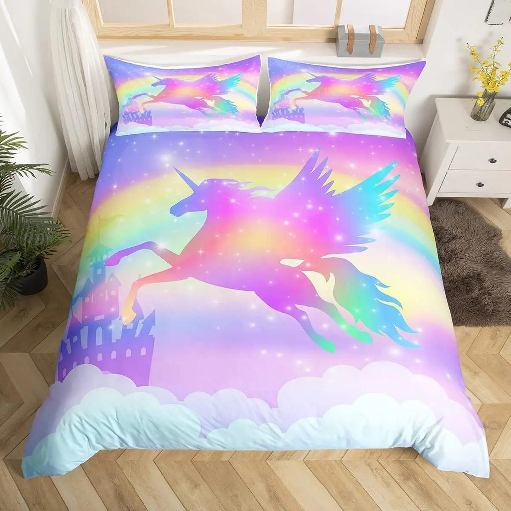 Unicorn Duvet Cover Twin King Cartoon Castle Comforter Cover Dreamy Magical Animal Bedding Set Rainbow Stars Bedspreads Cover