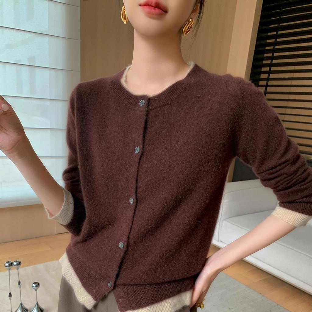 Color-Block Cashmere Cardigan: Women's Round Neck Loose Slimming Wool Knit Sweater for Autumn and Winter