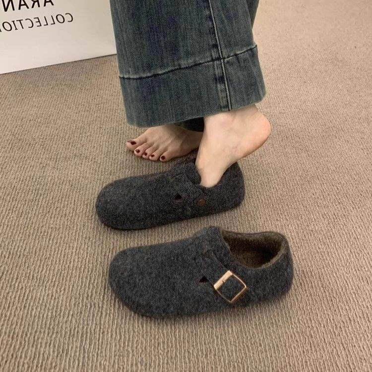 Retro round head felt fleece Birkenstocks women's fleece autumn and winter one-pedal thermal cotton ladyshoes woolen loafers