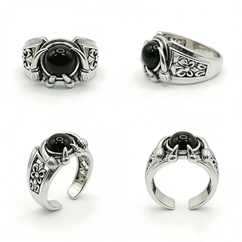 Adjustable Open Ring Men Women Vintage Claw Black Obsidian Style Punk Rock Gothic Finger Copper Jewelry