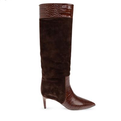Cow Skin Autumn Winter Shoes Riding Boots Square Toe Keep Warm Patch Work Stiletto Thin Knee Boots