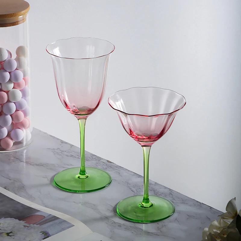 Home Light Luxury Retro Vertical Stripes Flower Wine Glass Goblet Crystal Glass Pink Green Champagne Cup Cocktail Martini Cups