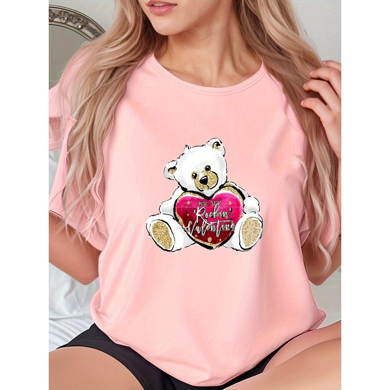 A Fun Short-Sleeve T-Shirt Featuring A White Bear Heart Print, Stylish and Casual for Women, A Trendy and Unique Summer New T-Shirt, S розовый
