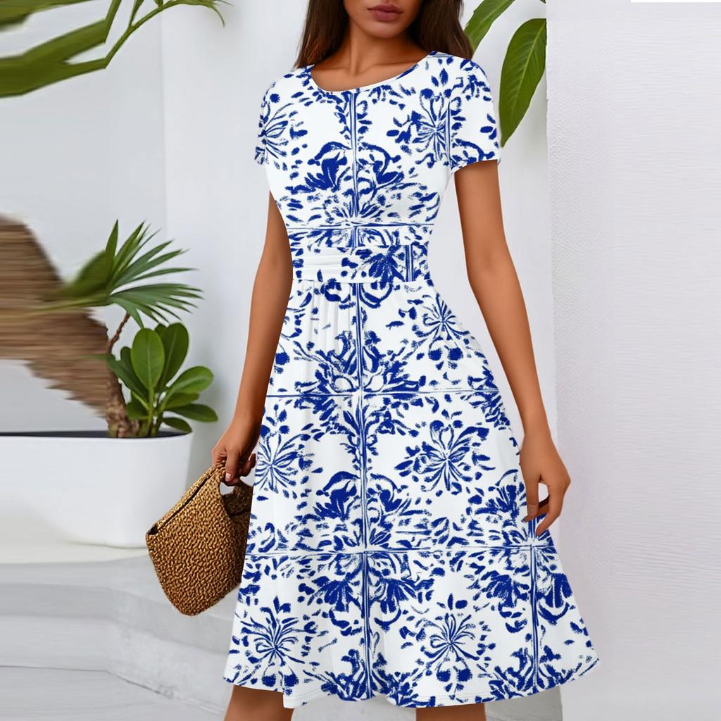 Women's Casual Fashion Round Neck Pleated Short Sleeve Floral Print A-Line Midi Dress
