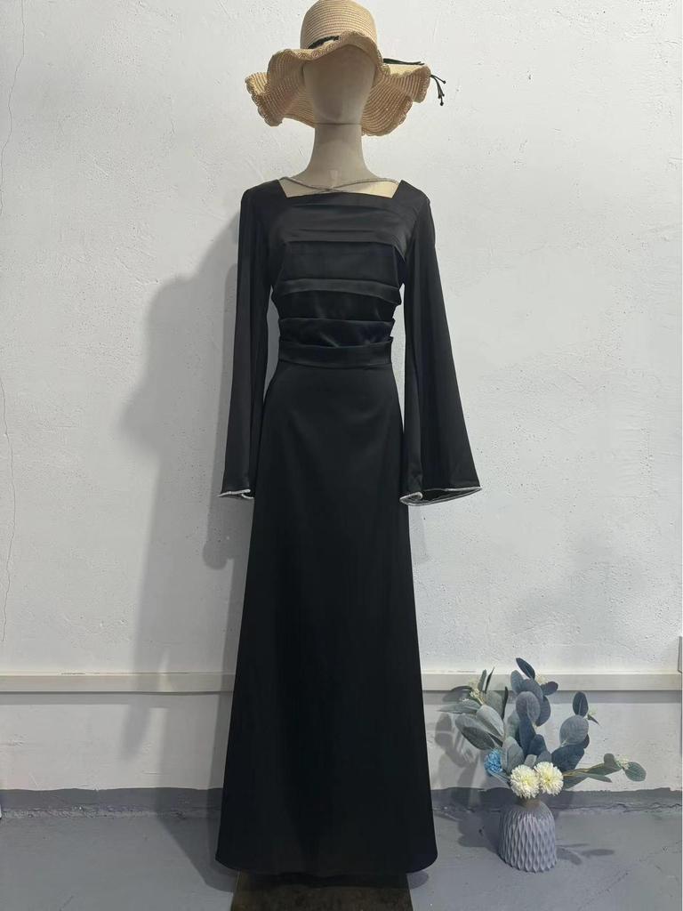 Slim Satin Rhinestone Dress: European & American Style, Long-Sleeved, Tie-Up, 2024 Autumn Women's Fashion.