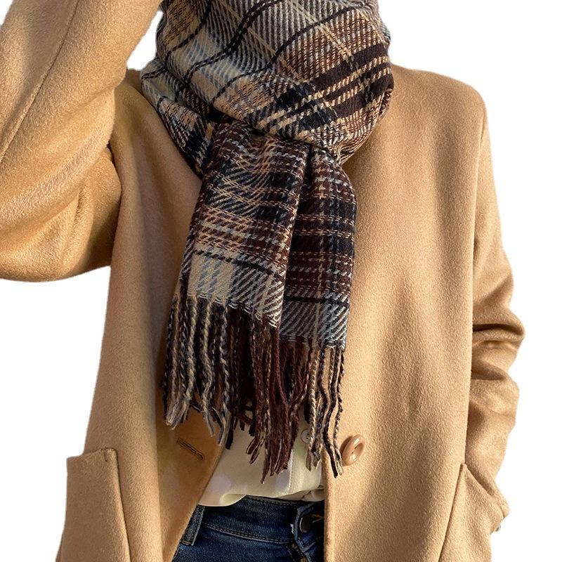 Autumn Winter Plaid Tassel Scarf Women Imitation Cashmere Thickened Warm Tassel Scarf Fashionable Versatile Shawl Wrap Scarves
