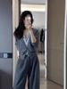 2025 Women's V-Neck Grey Color Block Wool Cardigan - Layered Two-Piece Knitwear for Early Autumn