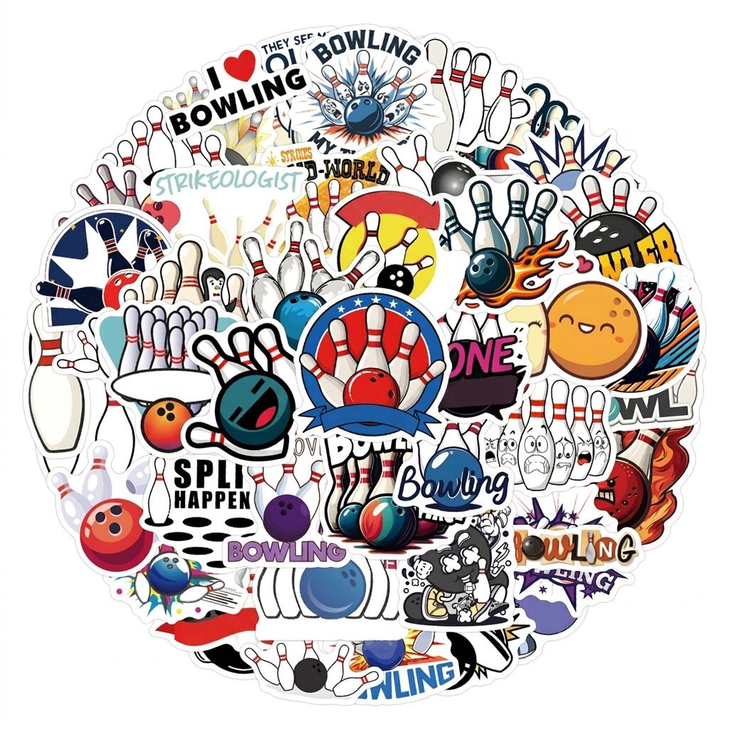 Bowling Theme Stickers 55Pcs Waterproof PVC Creative Decals for Phone Laptop Car