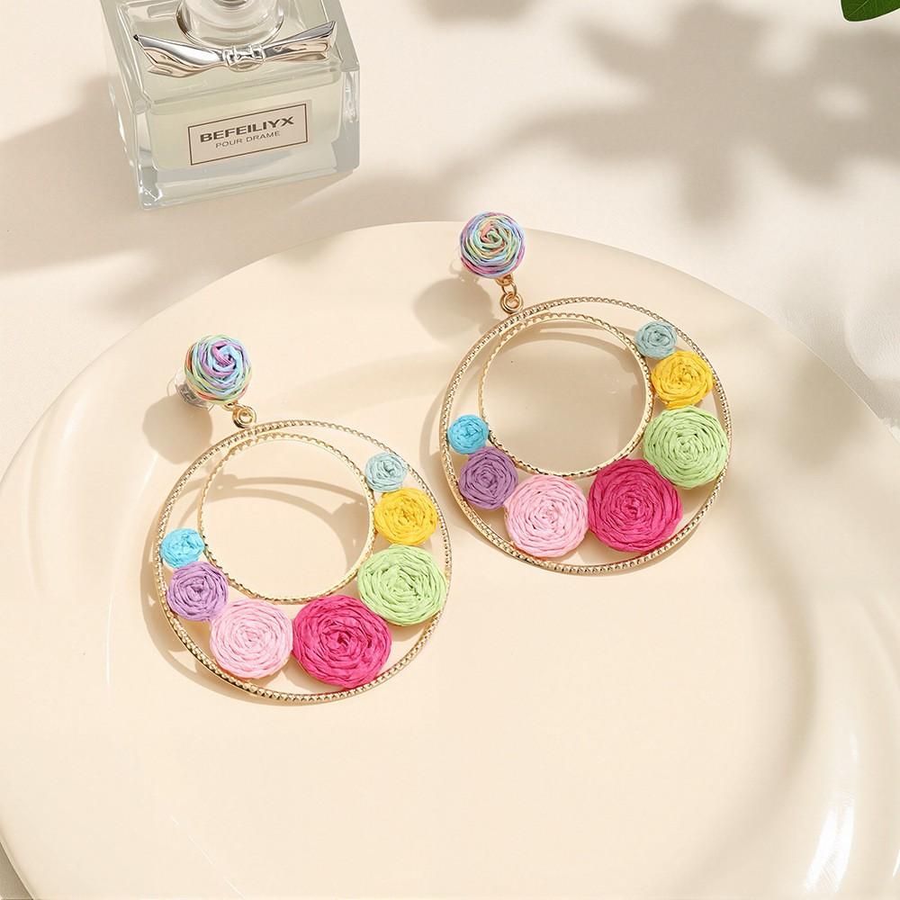Summer Dopamine Color Stud Earrings Sweet Flower Circle Vacation Wind Earrings Femininity Niche Earrings