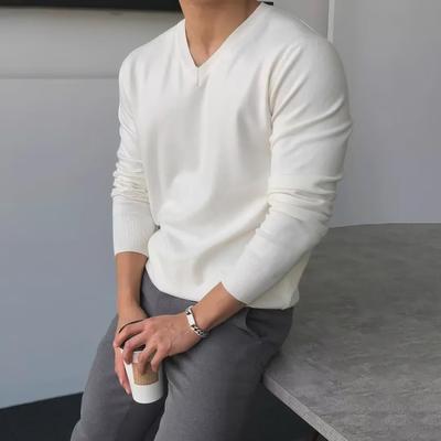 Men's Solid Color V-Neck Sweater: Trendy Korean and Hong Kong Style, Spring/Autumn Casual, Handsome, Versatile, Loose Knit
