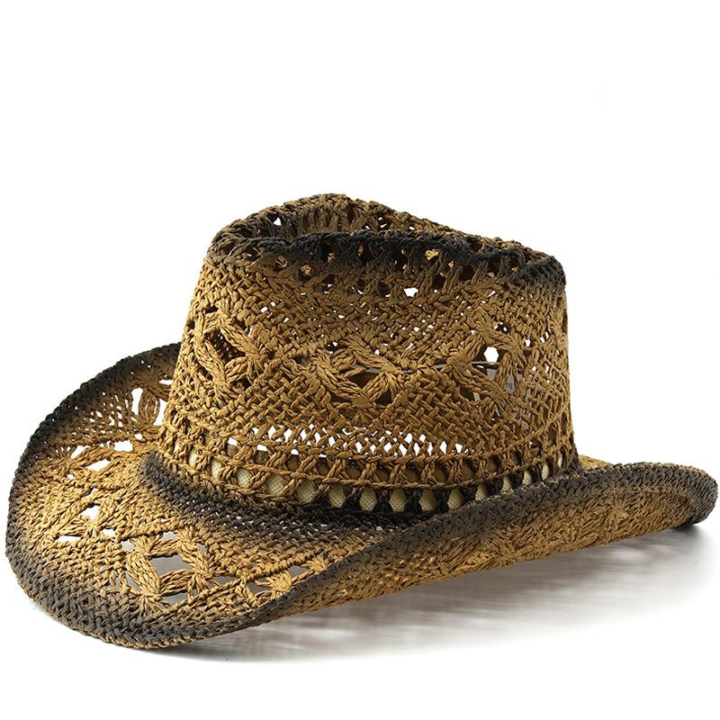 Unisex Gradient Hollow Woven Cowboy Straw Hat Breathable Wide Brim Sun Protection Outdoor Travel Beach Cap