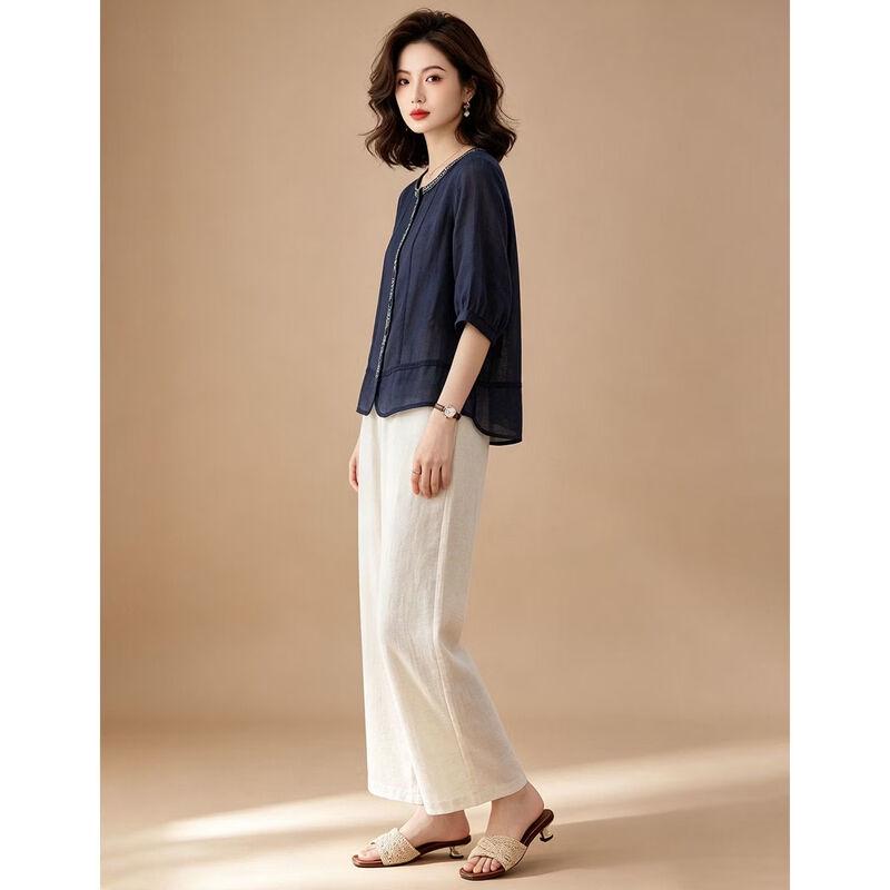 EST+II Women's Ramie Round Neck 3/4 Sleeve Cardigan & Wide-Leg Pants Set