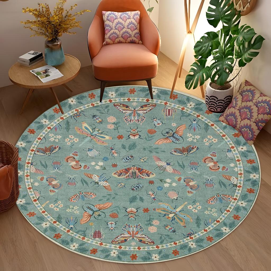 Runder Insekten-Garten-Teppich - Schmetterlinge/Libellen/Käfer mit Blumenrand, Natur-inspirierter Teppich für Boho-Wohnzimmerdekoration