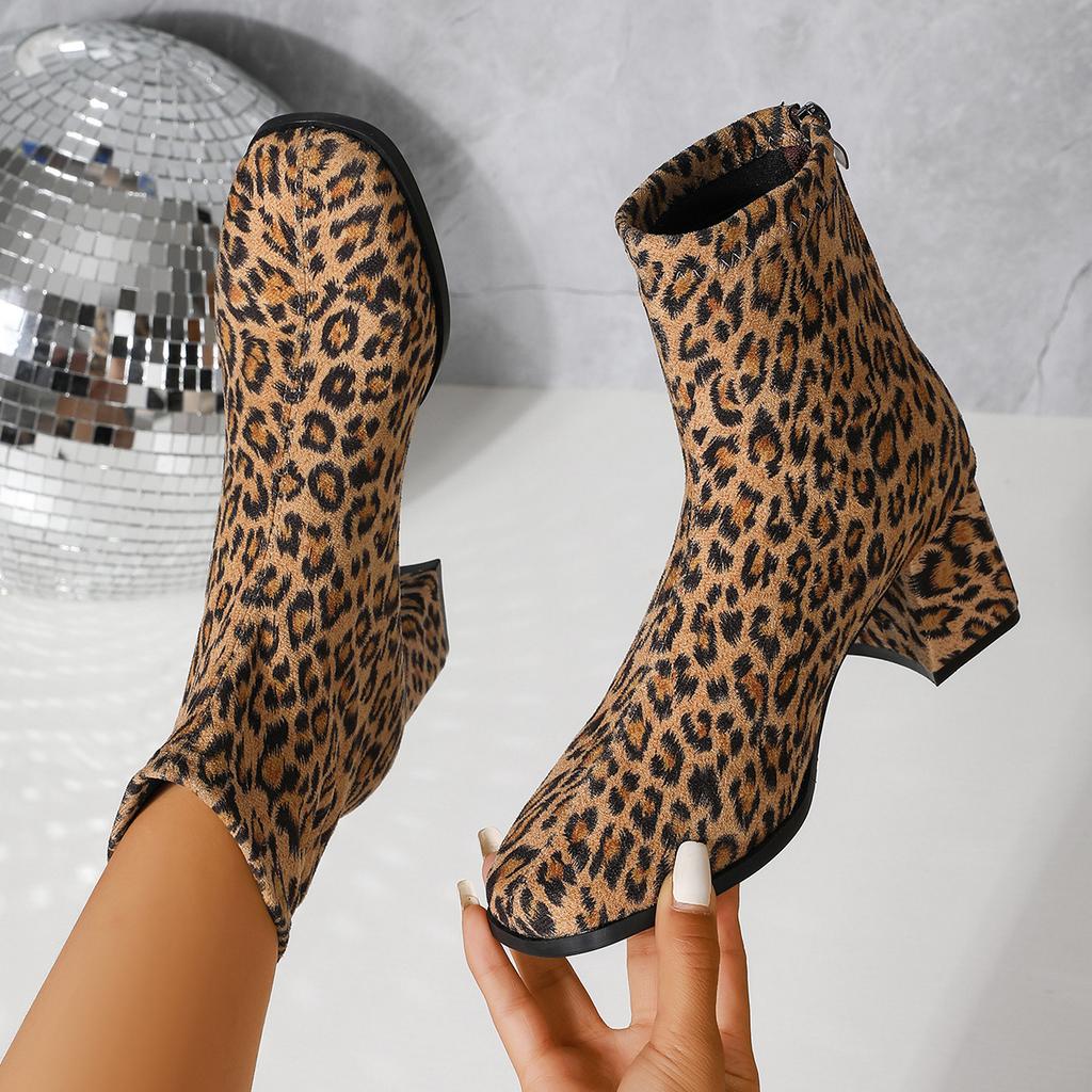 Foreign Trade New European and American Style Leopard Print Square Head Thick Heel Short Boots Women's Suede Medium Heel Short Tube Rear Zipper Martin