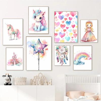 Colorful Castle Unicorn Girl Room Decoration Poster Cartoon Princess Rainbow Canvas Painting for Nursey Kids Room Wall Art Decor