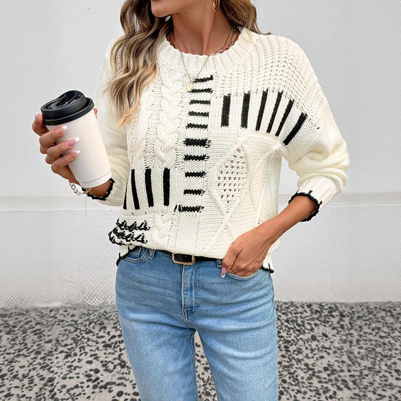 New Style Sweater for Autumn and Winter Fashion Round Neck Striped Lines Contrasting Women