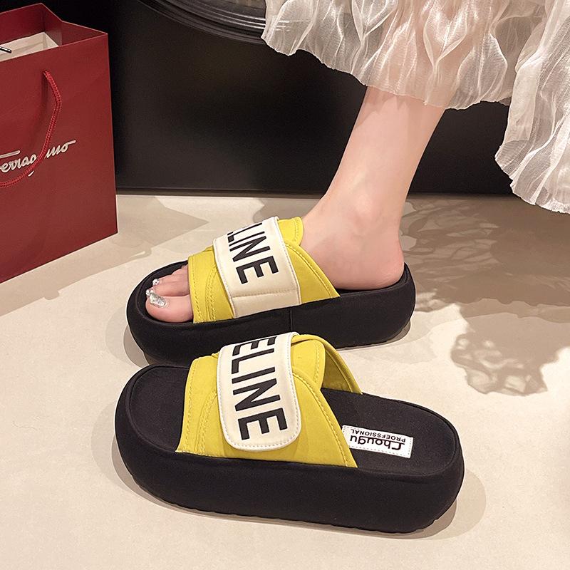 

Velcro one-word drag women s outer wear 2025 summer new alphabet muffin thick bottom heightening niche casual cool slippers 40 жёлтый