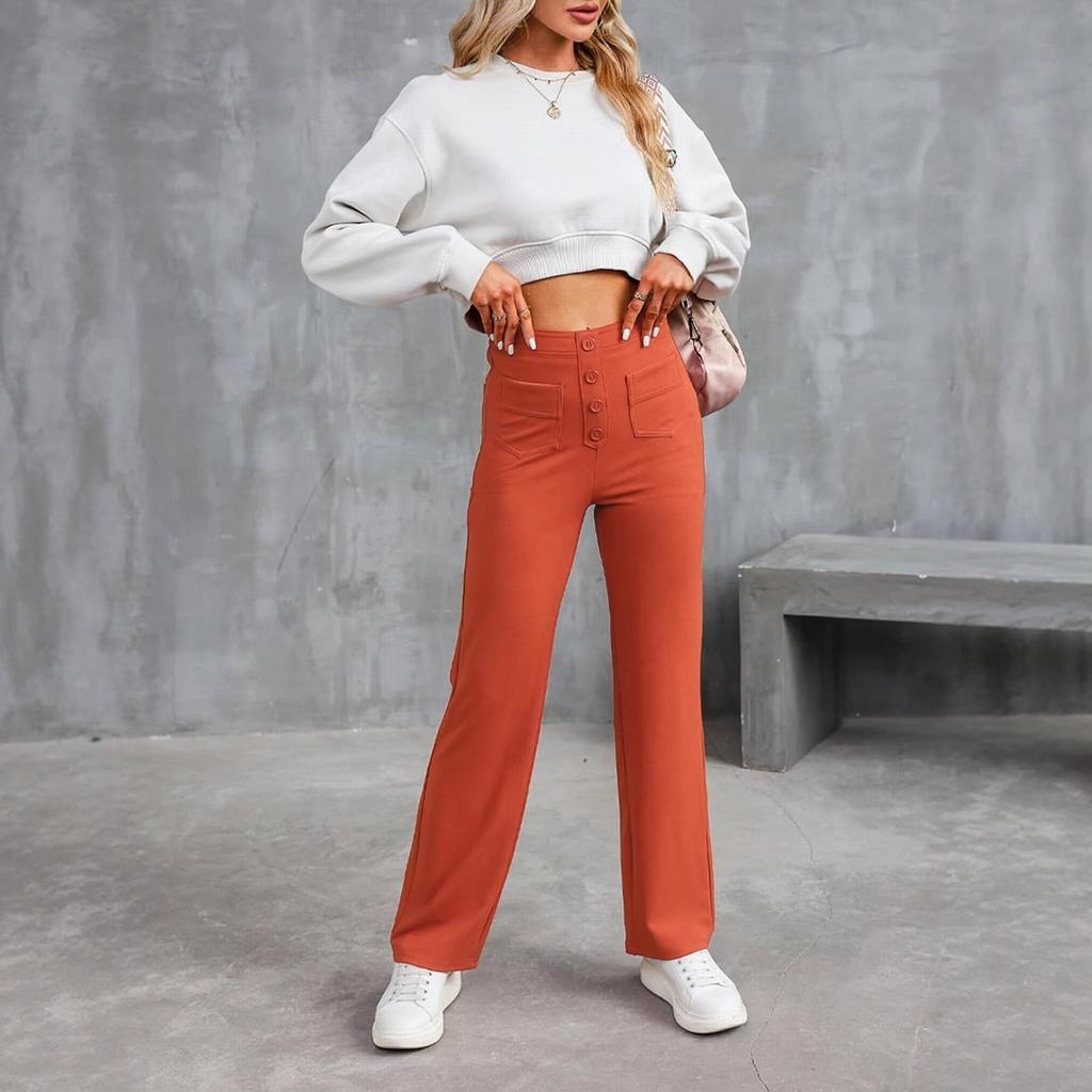Women's High Waist Wide Leg Pants with Button Detail In Red Brown