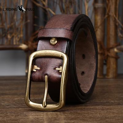 Curea pentru bărbați din piele naturală, retro, cu aspect uzat, cu cataramă din cupru plisată, stil coreean, casual, pentru blugi