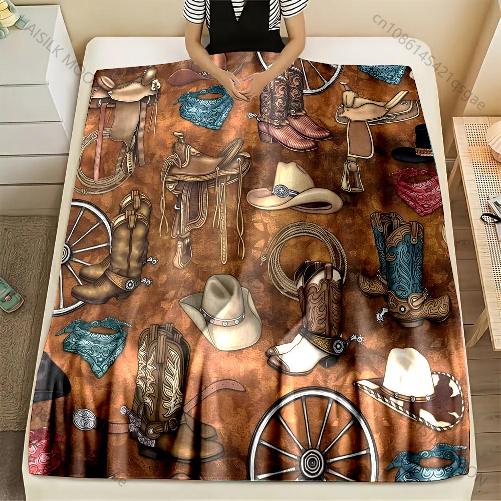 

Multi-size Western Cowboy-themed Design Pattern Blanket Flannel Material Soft Warm for All Seasons Home Outdoor Camping Picnics 75x90cm