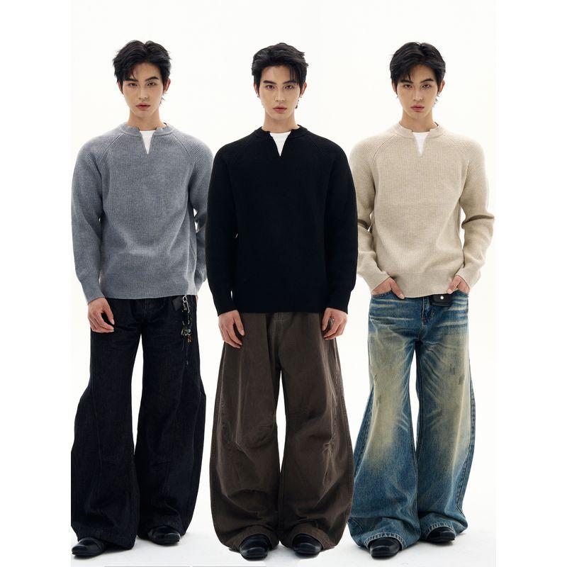 Kisko American Retro Ribbed Faux Two-Piece Commuter Knit Sweater for Men and Women, Simple Casual Inner Layer Top, Trendy