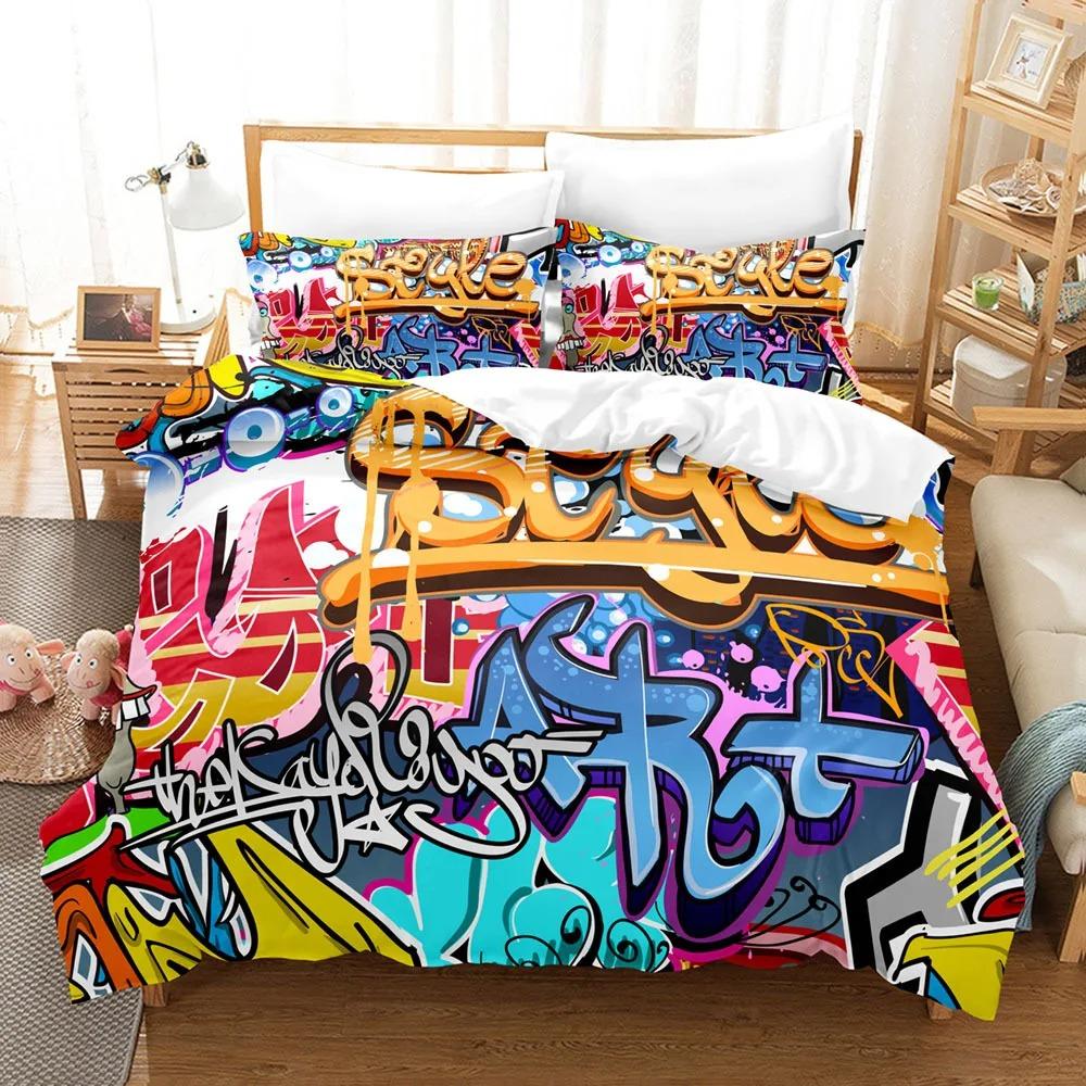 Hippie Graffiti Ložní souprava Hip Hop Sada povlaku na přikrývku King Queen Size pro děti Chlapce Mládež Povlak na přikrývku Moderní Street Art Povlak