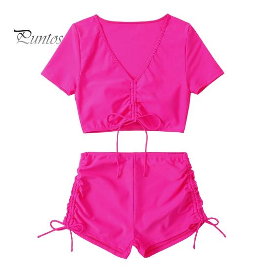 Sexy Bikini 2Pcs/Set Women Summer Set V-Neck Short Sleeve Tops High Bow Tie Swimsuit Waist Drawstring Swimming Trunks Solid Color Quick Drying