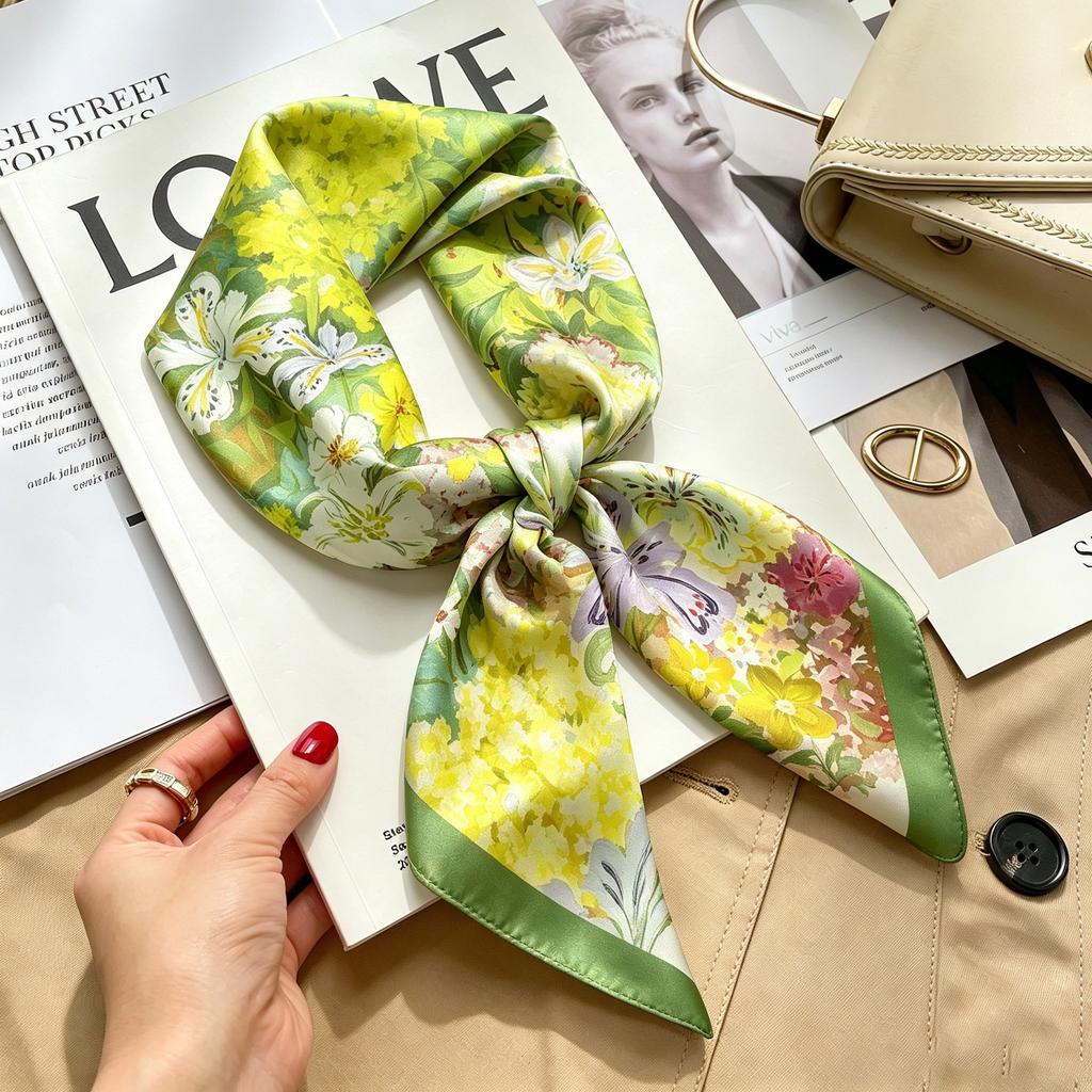 Commuter elegant flower silk scarf women's contrasting color retro printing satin scarf shirt with multi-purpose decorative small scarf