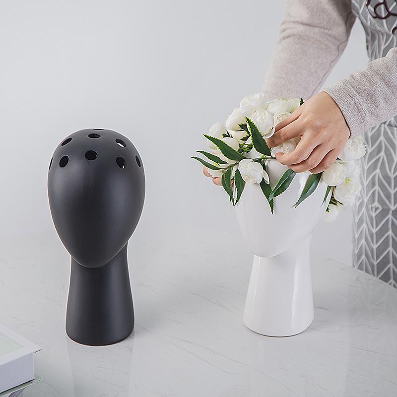 Nordic Style Creative Human Head Model Ceramic Vase Round Hole Flower Arrangement Home Living Room Decoration Flower Vase