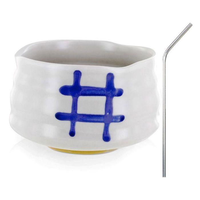 Japanese Chawan Ceremonial Bowl White + 4 Stainless Steel Straws