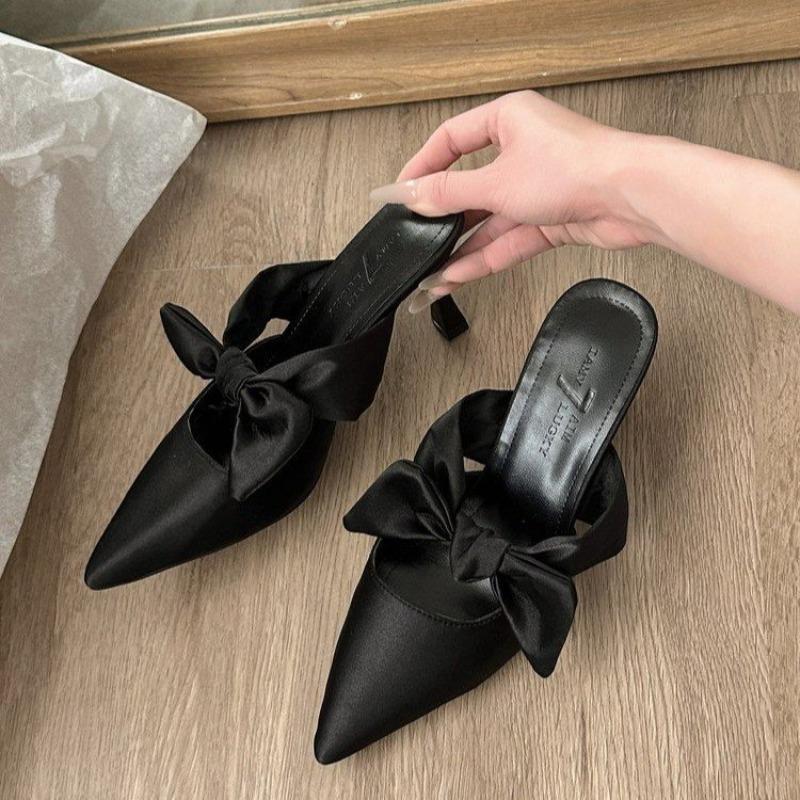 Pointed Stiletto High Heels Summer New Temperament Bow Slippers Bag Head Half Slippers