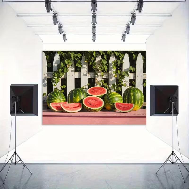 2D Summer Party Backdrop Watermelon Slices and Whole Watermelons with Ivy Background