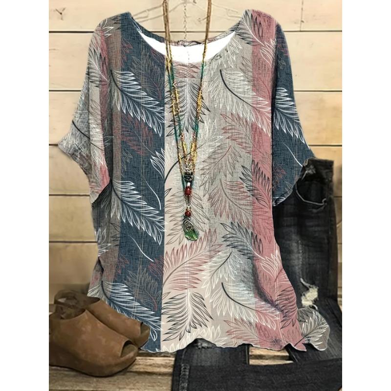 Plus Size Casual Top, Women s Plus Colorblock Leaf Print Short Sleeve Round Neck Tee S