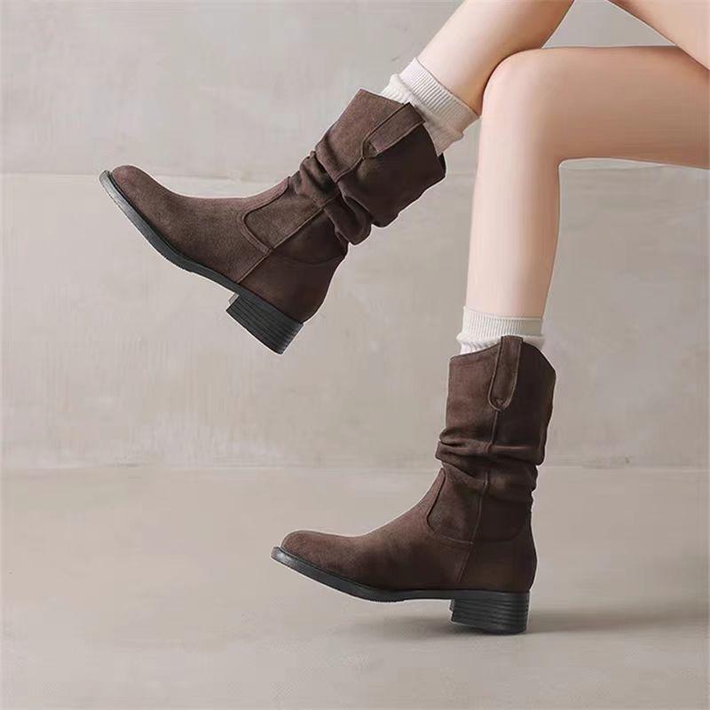 Pile Boots Retro Suede Apricot Short Boots Western Boots Pleated Women's Boots Spring and Summer Thick Heel Versatile Knight Boots