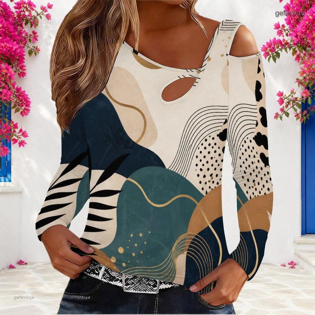 Women Plus Size Camouflage Printed Asymmetric Cutout Neck Cold Shoulder Long Sleeve Fitted Top