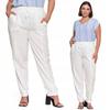 Women's Linen Trousers with Elastic Waistband, Elegant, Straight Leg, MORAJ M WHITE
