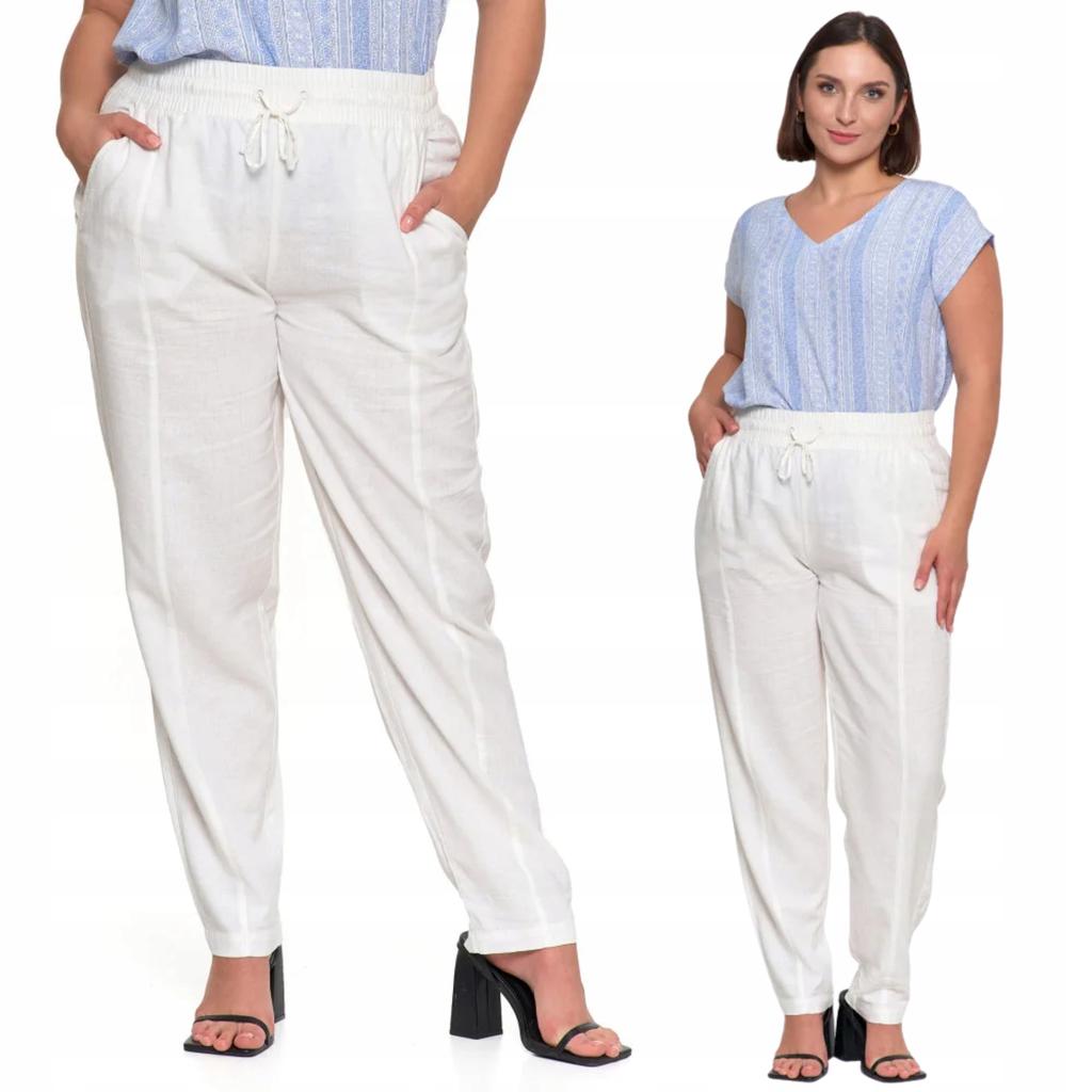 Women's Linen Trousers with Elastic Waistband, Elegant, Straight Leg, MORAJ M WHITE