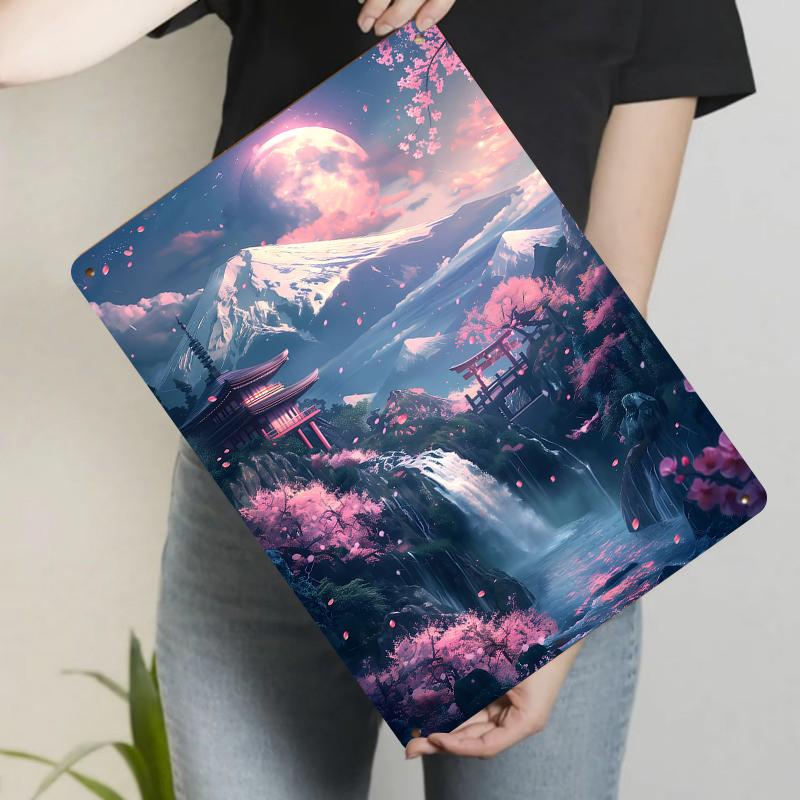 

Japanese Fuji Mountain Sakura Temple Landscape Metal Iron Painting Living Room Decorative Wall Art 20x30cm（7.8x11.8inch）