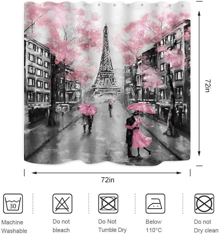 Paris Eiffel Tower Shower Curtain Oil Painting European France City Landscape Modern Couple Black Pink Tree Home Bathroom Dcor