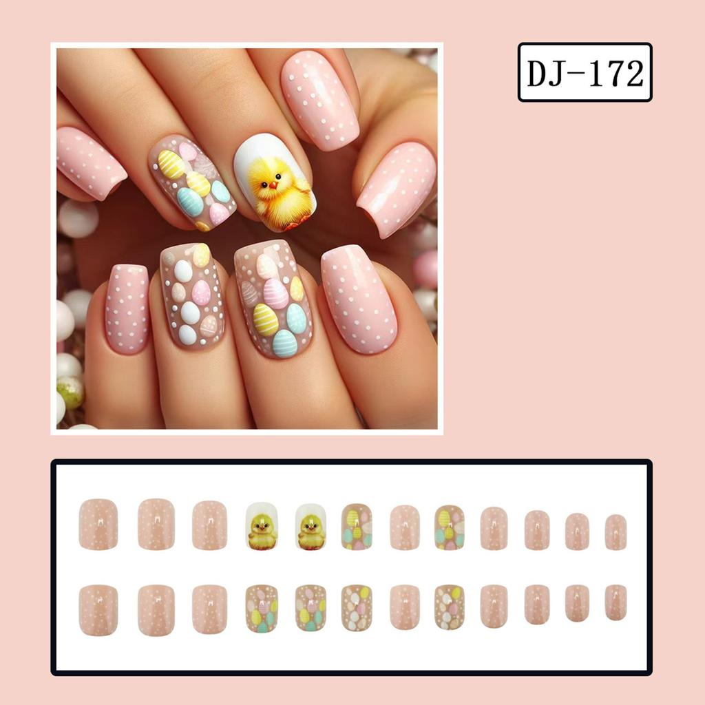 24pcs Square Press On Nail with Chick Pattern Short Artificial Nail Full Cover False Nail Manicure Nail Art for Women