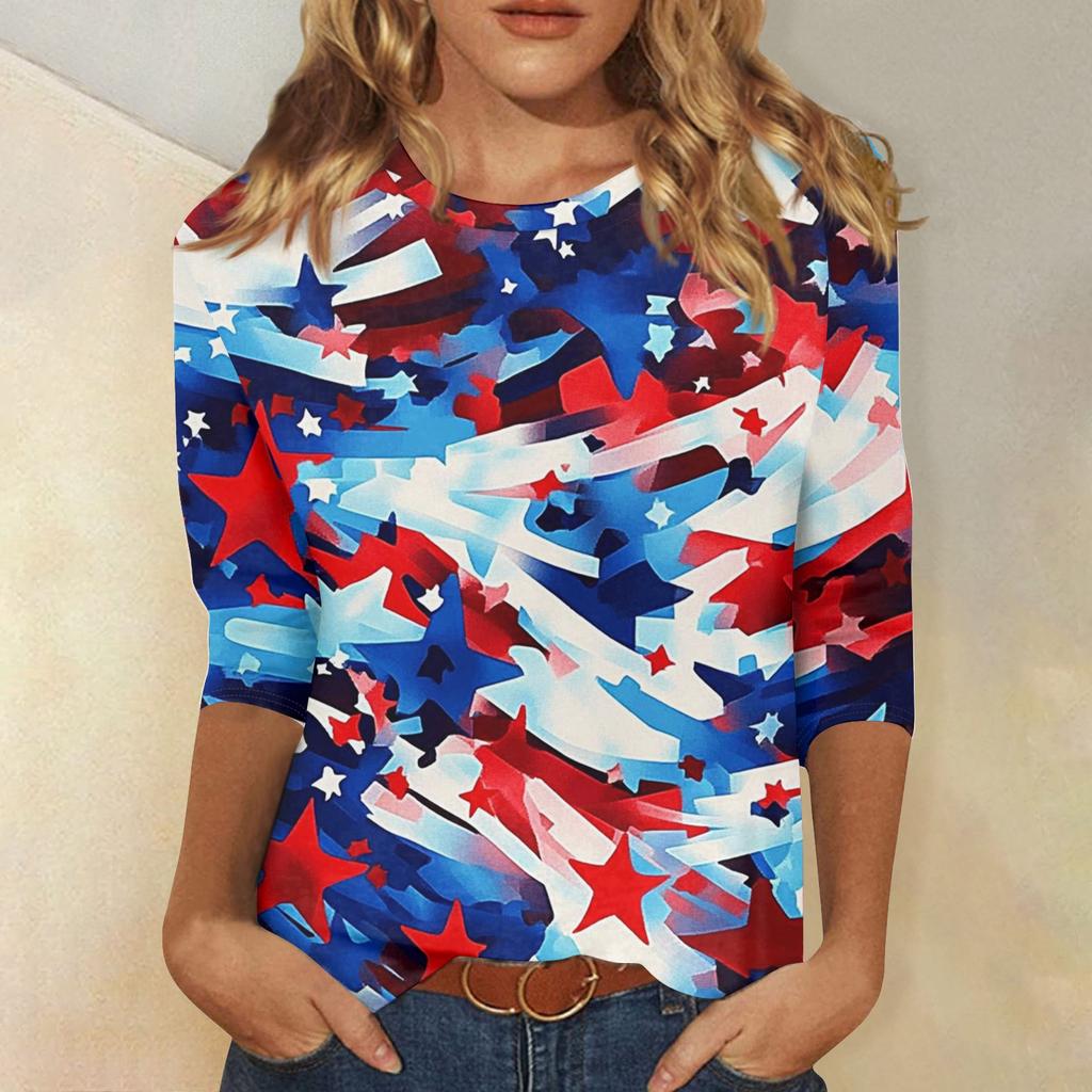 Women's Fashion Casual Round Neck 3/4 Sleeve Loose T-Shirt Ladies Top