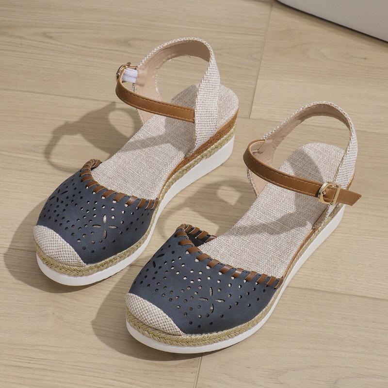 French Hemp Rope Thick Soled Toe Sandals for Women, Oversized Casual Wedge Heel Buckle, Foreign Trade Cross-border Women's Shoes
