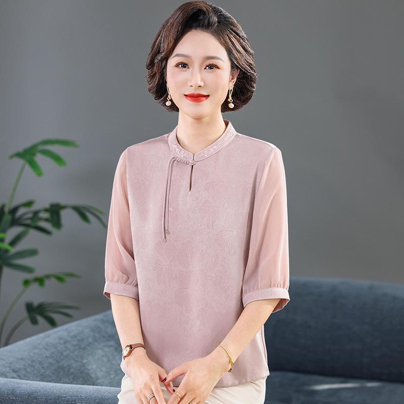 

Ethnic Style Slimming T-shirt for Middle-Aged & Elderly Women - Imitation Silk, Cool, Fashionable Summer Wear 2XL (53-60 kg)