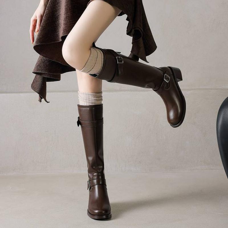 Versatile Leather Large Size Knight Boots Solid Color Back Zipper Middle Heel Round Head Square and Autumn and Winter Square and Women's High Boots