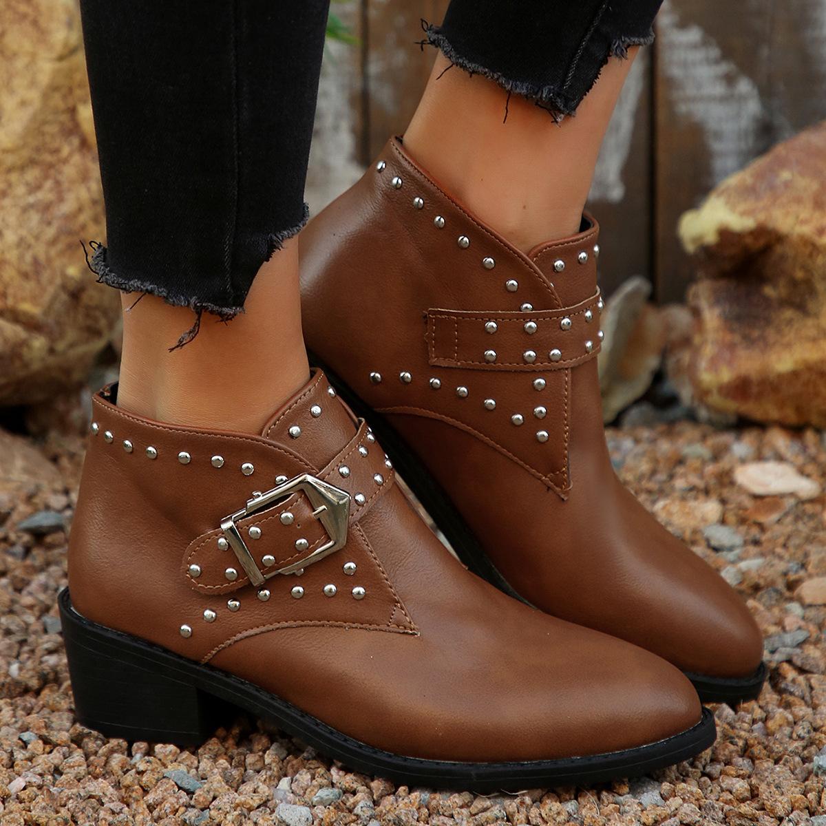 

Plus Size Studded Belt Buckle Chelsea Boots 2025 Winter British Style Pointed Toe Mid-heel Martin Boots for Women 36