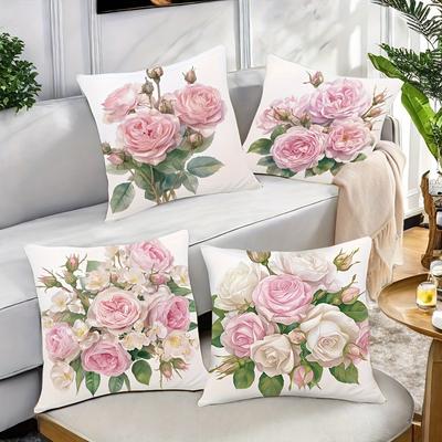 Pink and White Rose Print Home Decor Pillowcase Bedroom Living Room Sofa Decoration Polyester Cushion Cover with Zipper