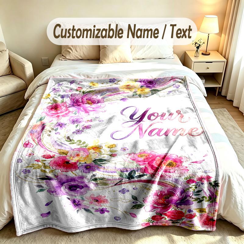 Floral Garden Theme Soft Blanket Personalized Custom Name Text Print Warm Blanket Home Sofa Bedroom Decor