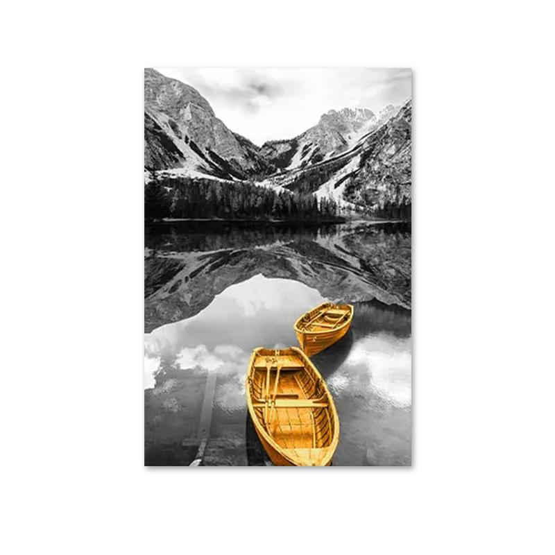 Barcă galbenă pe lac, peisaj, postere, imprimeuri, pod de lemn auriu, picturi abstracte de artă murală, pentru decorarea interioară