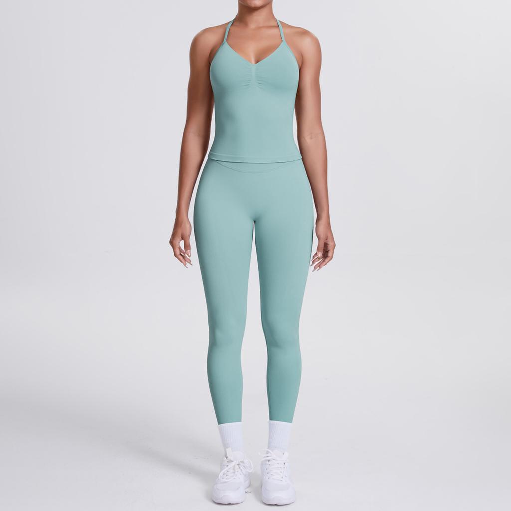 Seamless solid color beauty back vest, trousers, yoga suit set, tight running, fitness, yoga two-piece set