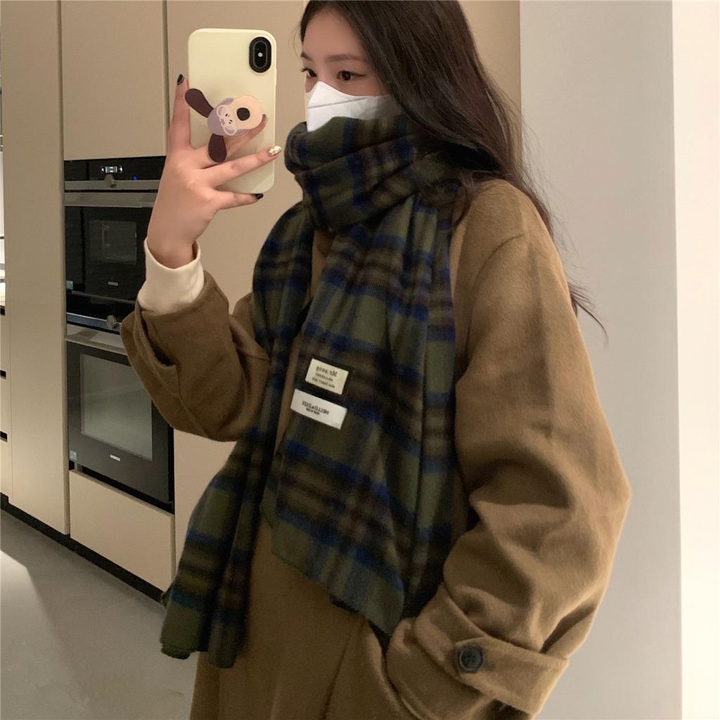 Retro Green Plaid Scarf for Women Winter Korean Version Versatile Thickened Student Shawl Dual Purpose Warm Knitted Scarf